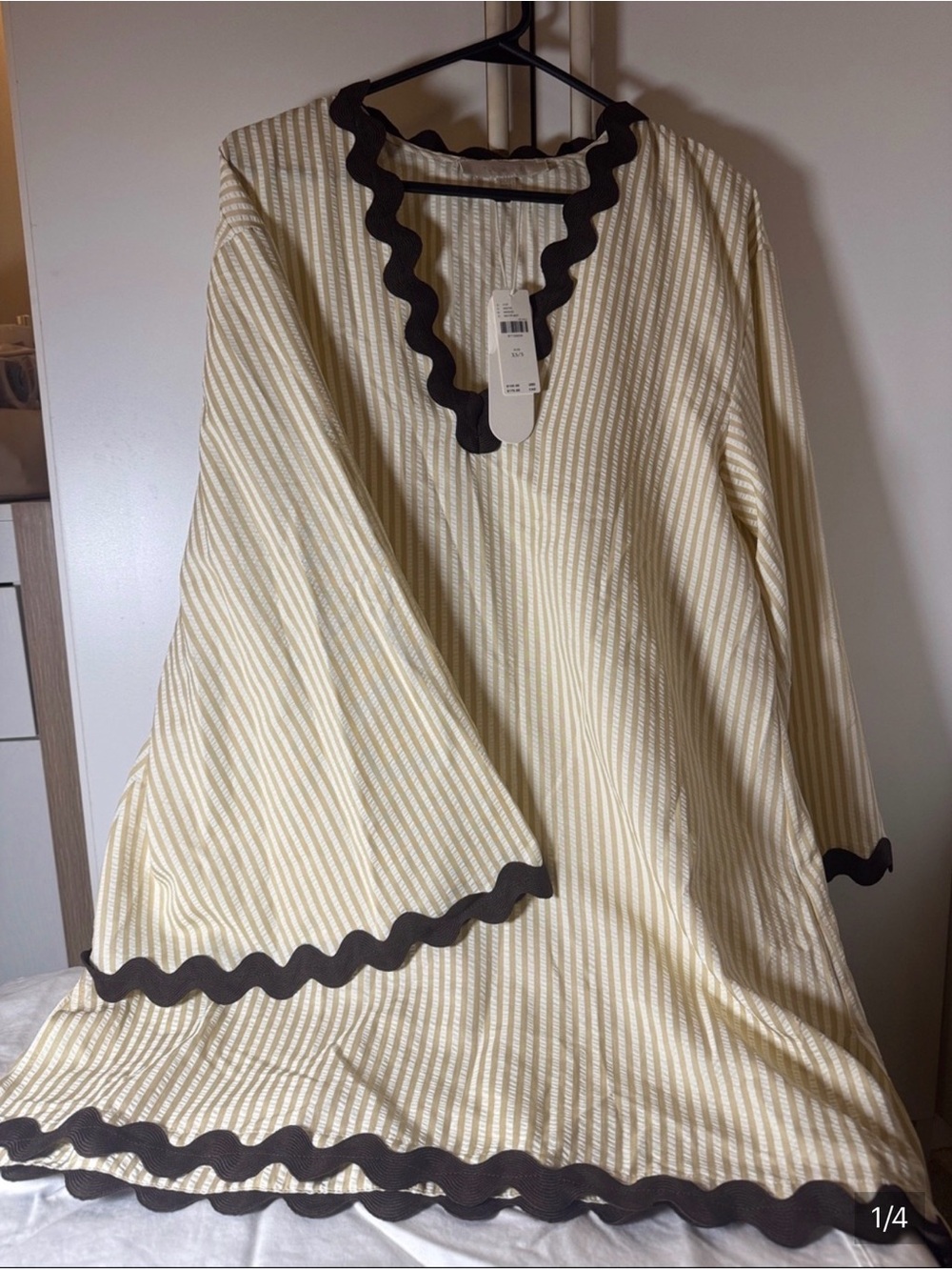 Anthropologie Cream and White Striped Swim Coverup with Brown Scalloped Trim